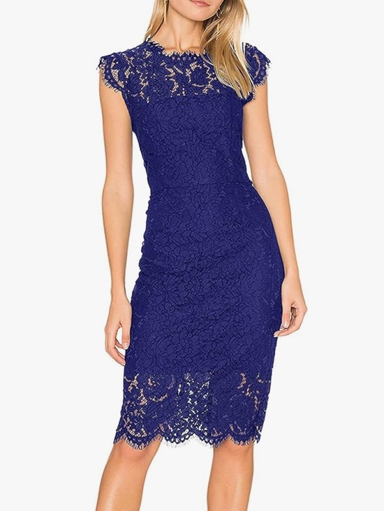 Dresses & Skirts - Lace Sheath Dress Royal Blue large Women's Floral Elegant Cocktail Knee Length
